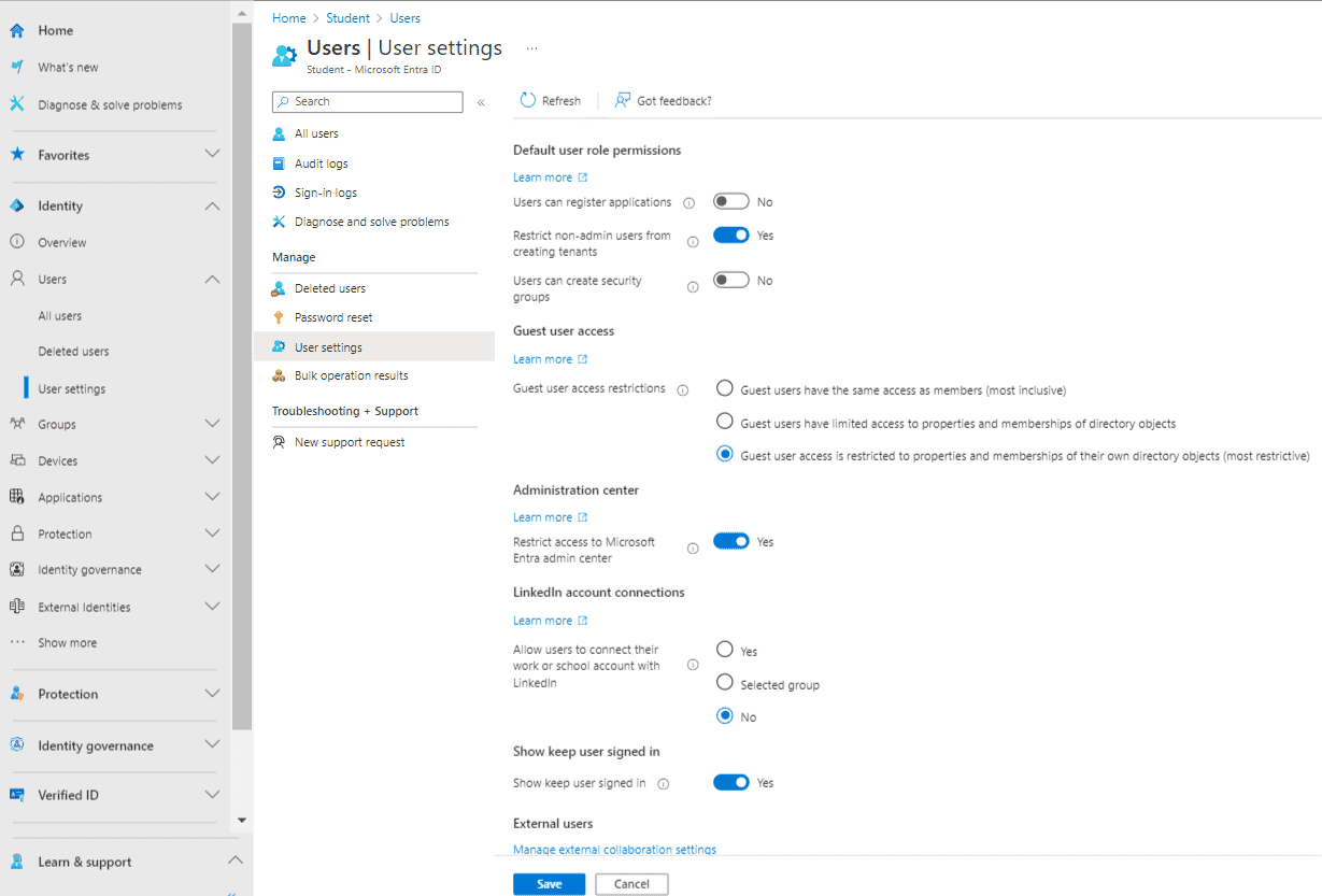 Configuring User settings in Microsoft Entra ID