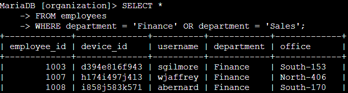 SQL Query: Filter for Finance or Sales Department Employee Machines.