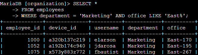 SQL Query: Filter for Marketing Department Employee Machines in East Building.