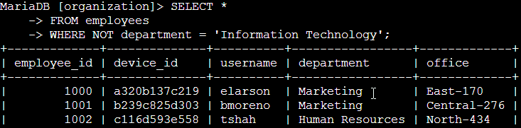 SQL query to filter for employee machines from those not in the Information Technology department.