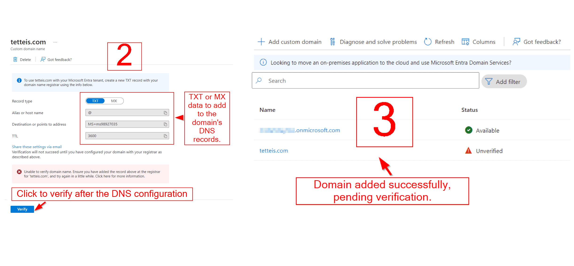 TXT or MX data to add to DNS records at the registrar for domain name verification.