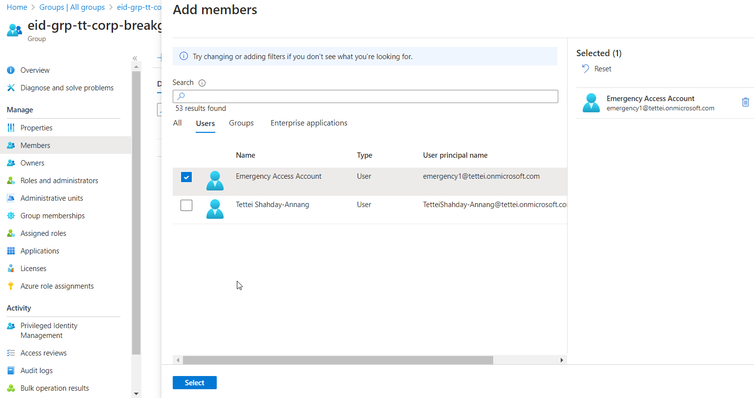 Adding emergency access account to Break Glass group