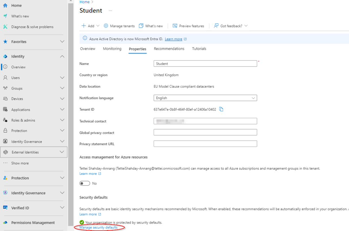 Enabling security defaults in Microsoft Entra ID