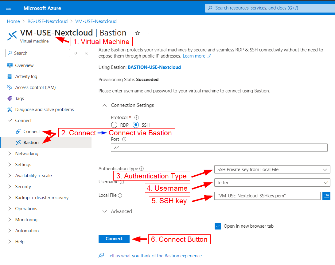 Azure virtual machine and Bastion Connection to Azure virtual machine via Bastion