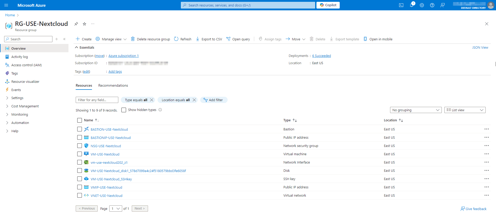 Azure resource group Resource group with list of deployed resources