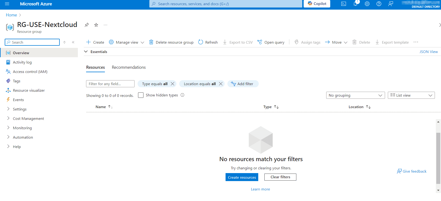 Azure resource group Resource group empty pre-deployment
