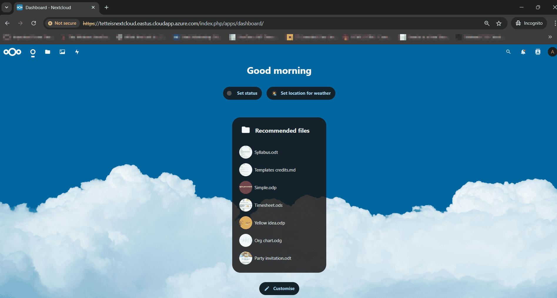Nexcloud logged in page Successful login to Nextcloud